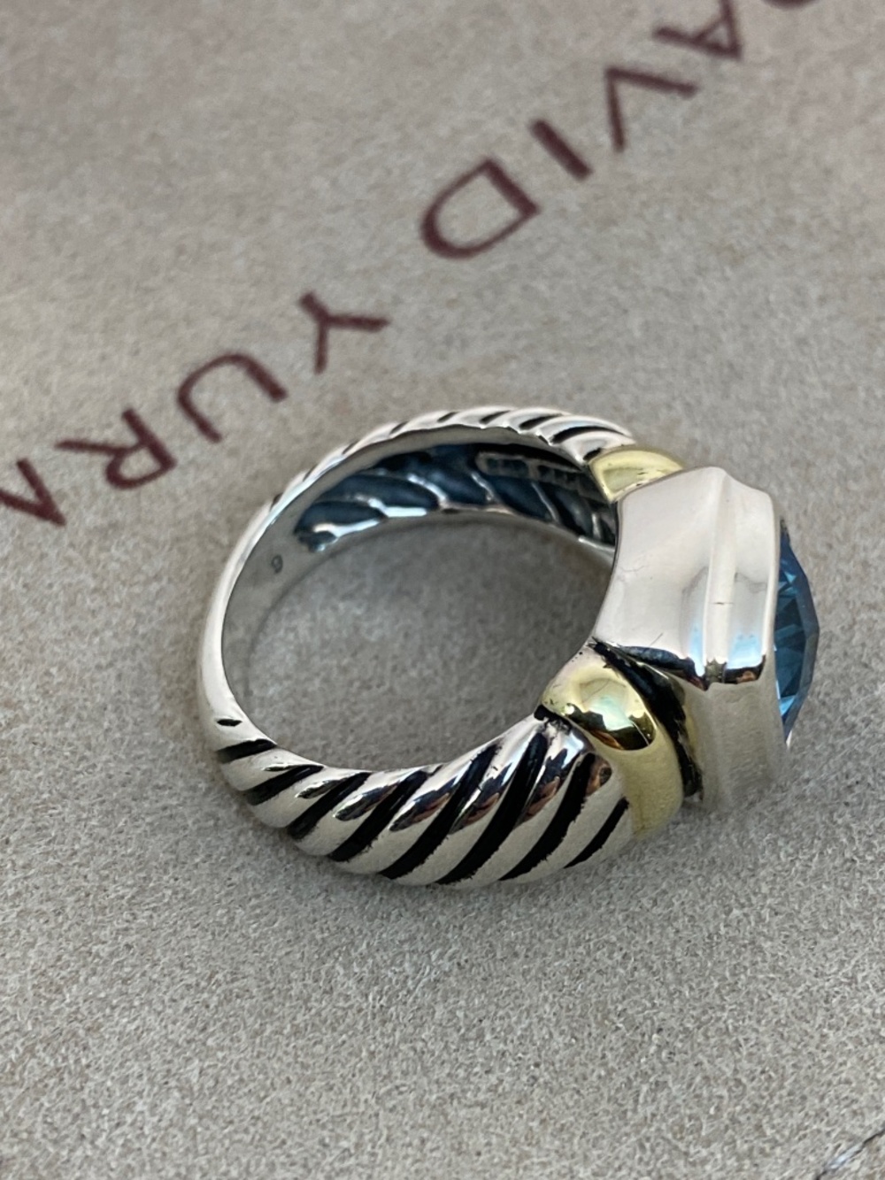 David Yurman Albion Sterling Silver & 14K Yellow Gold Blue Topaz Ring - Size 6 - Picture 3 of 8